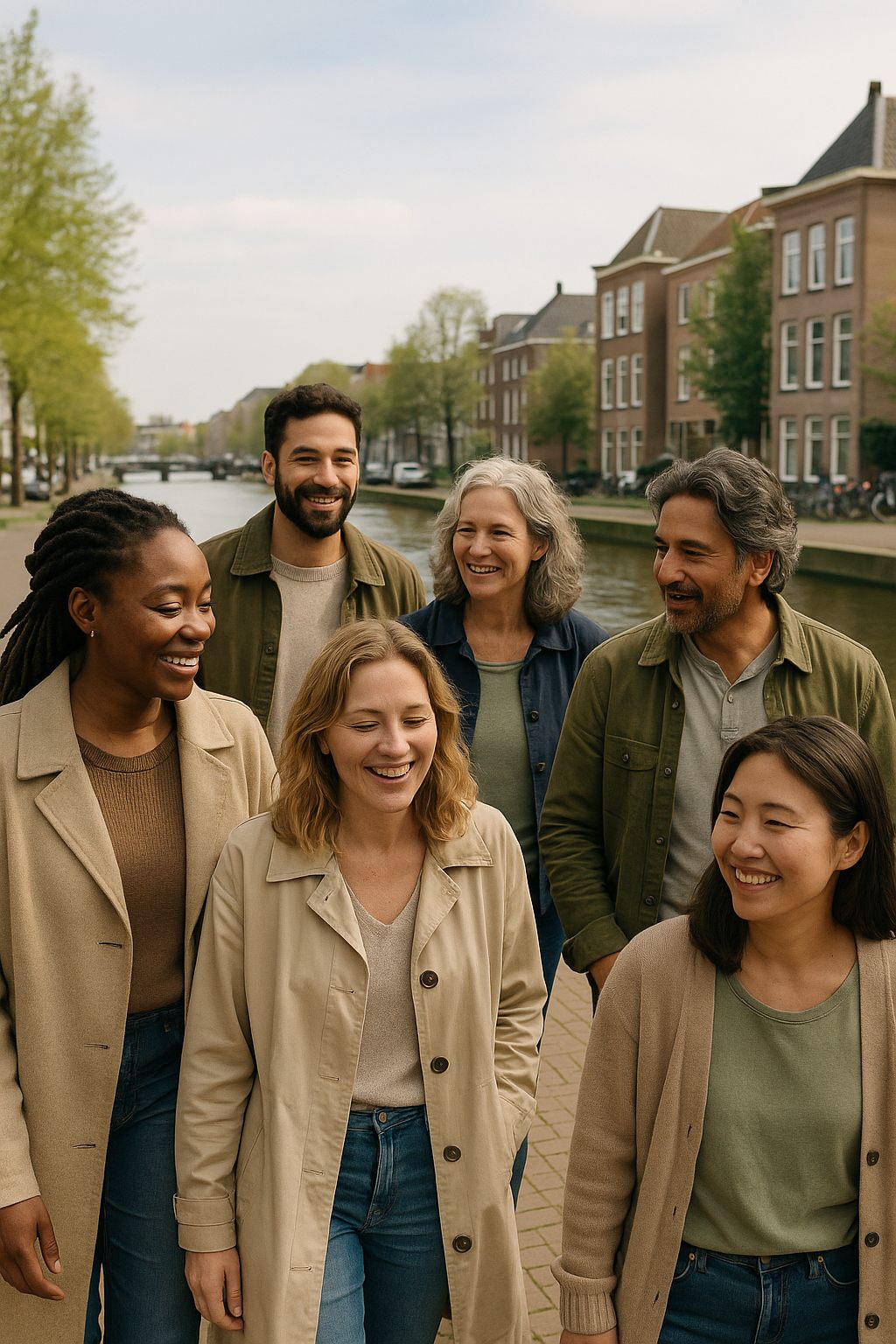 Zes mensen van verschillende leeftijden en achtergronden lopen ontspannen samen langs een gracht, in gesprek en zonder haast